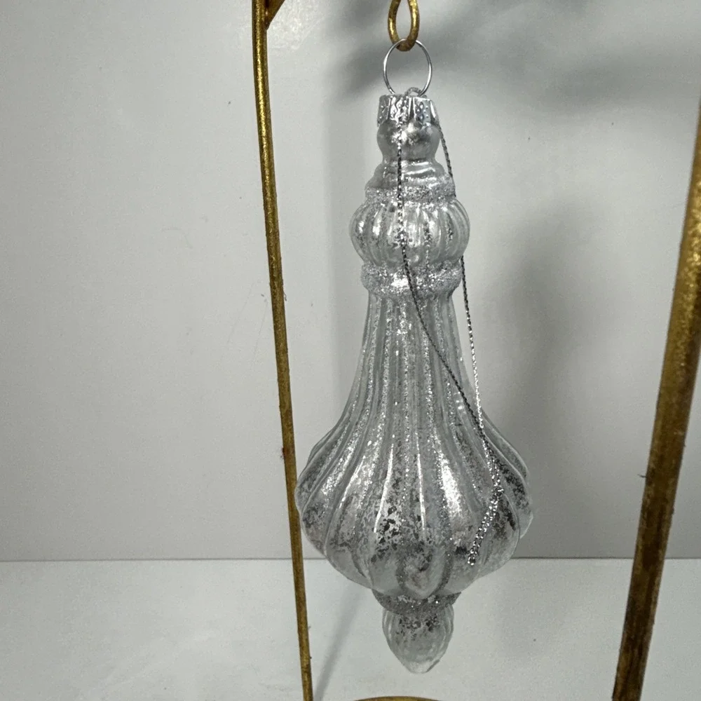 Set (2)‎ Silver and glittered mercury glass blown finial shaped ornaments 6 in